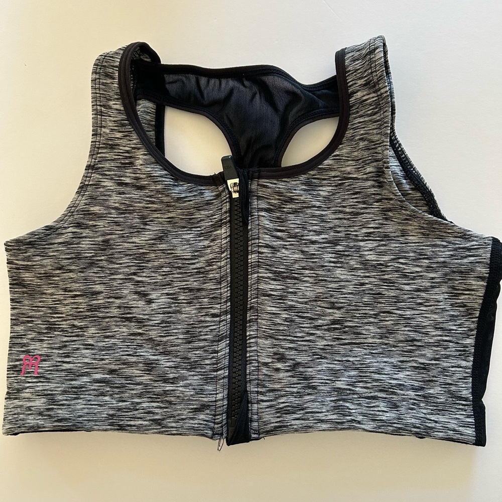 Ruby Ribbon Grey Heather Front-Zip Swim Top with Pink Logo